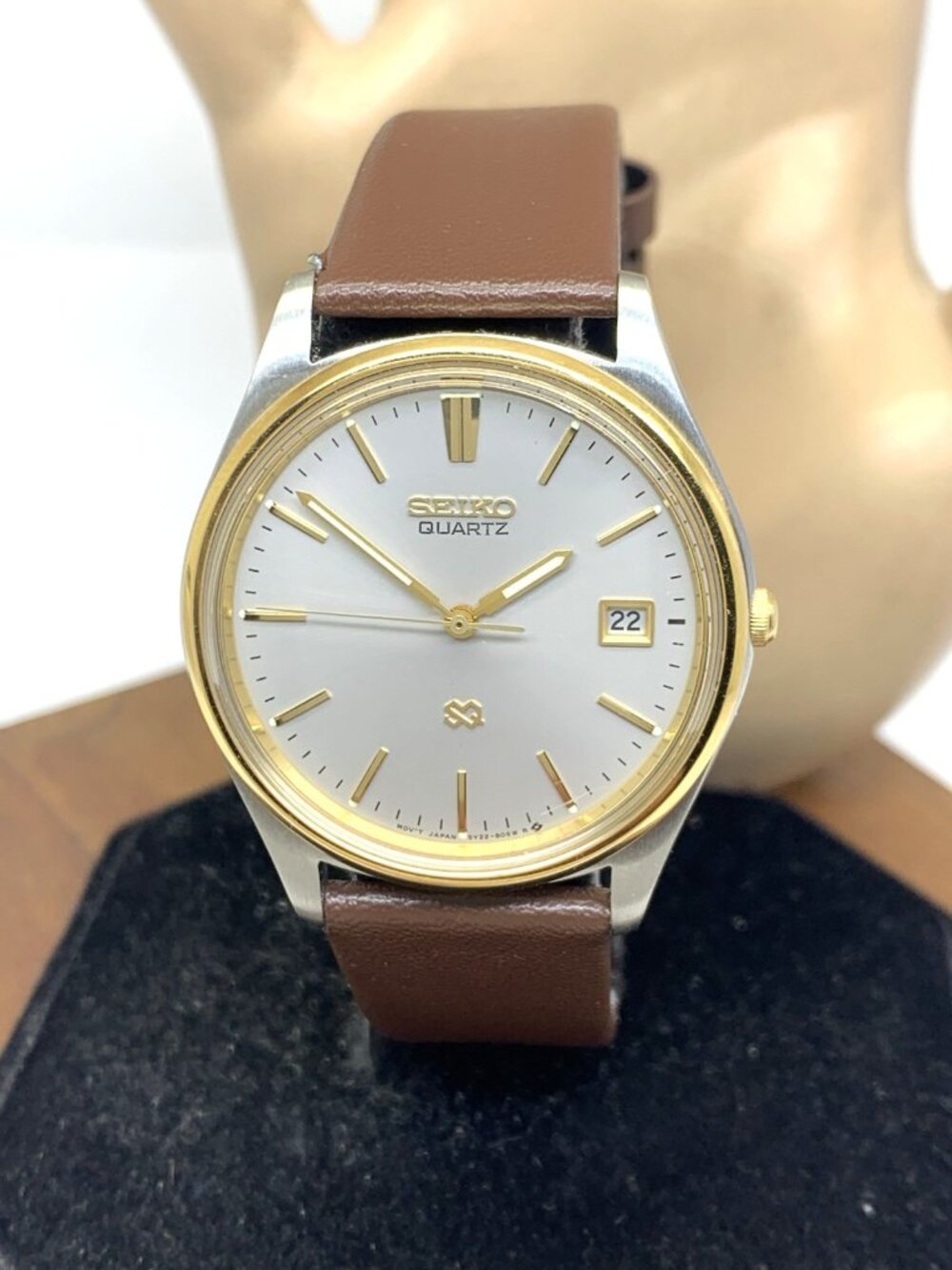 Seiko Men's Watch 5Y22-8020 Vintage Quartz Two Tone Case Brown Leather Band 35mm